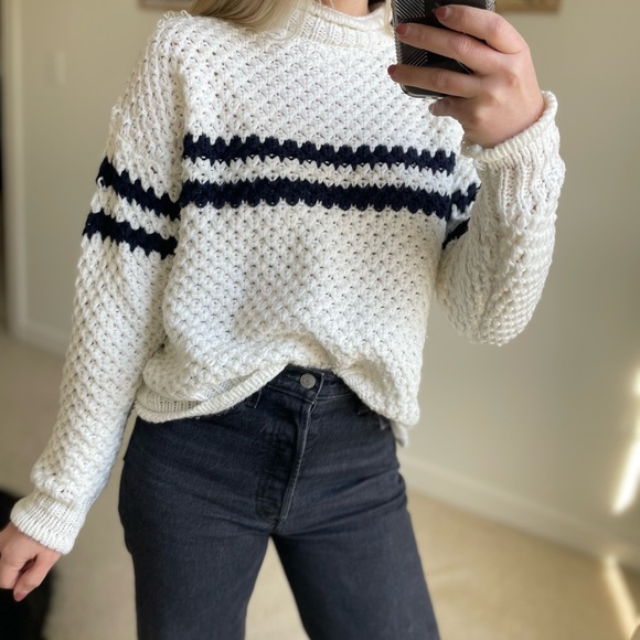 Cream / white crew, mock neck knit sweater 2 horizontal Navy blue stripe accent - Picture 2 of 5